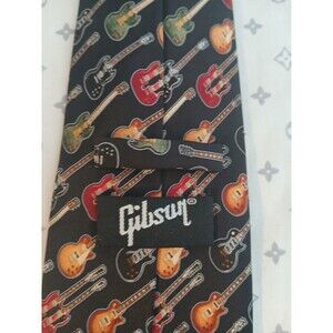 Gibson Tie 100% Silk Black Brown Guitar Casino Rock  3.75" Wide 56" Long USA